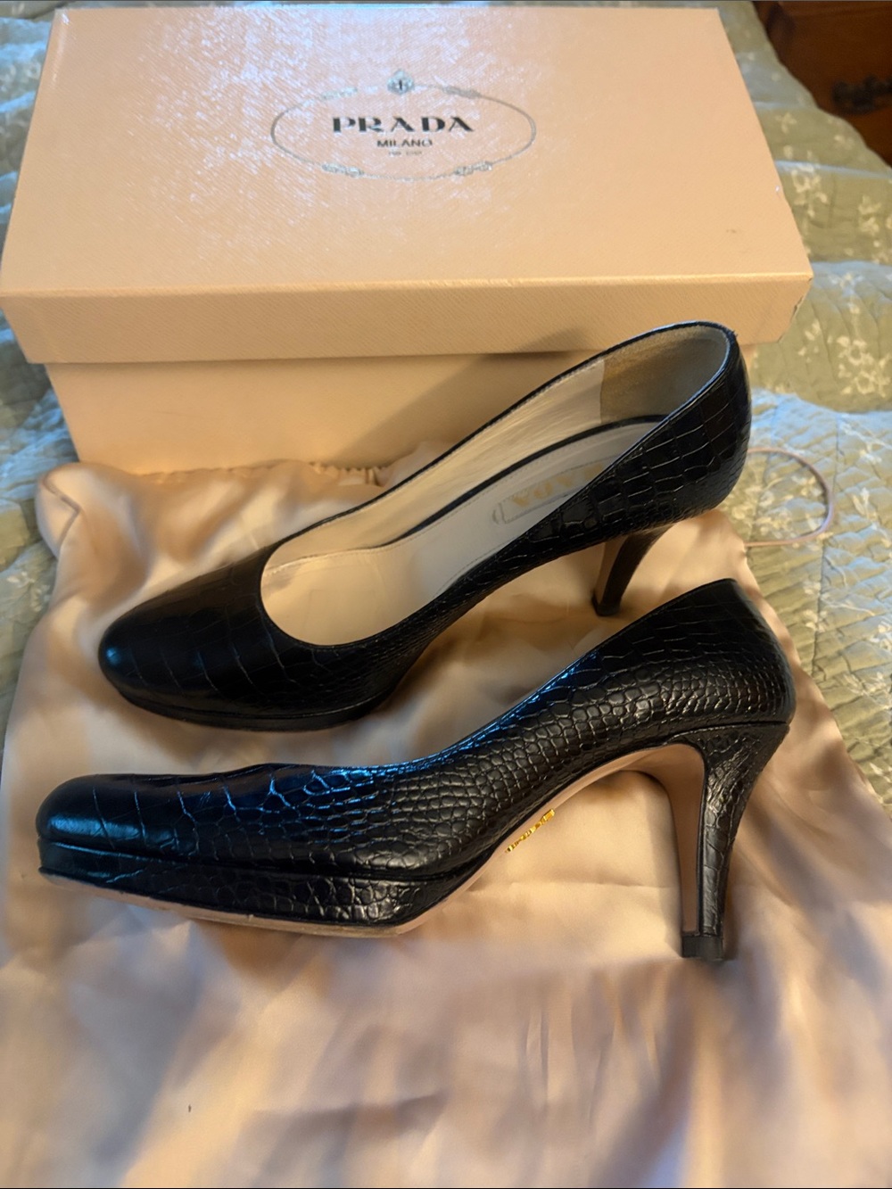 Prada Black Croc-Embossed Leather Pumps